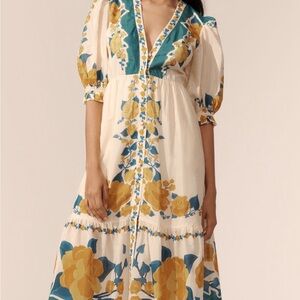 FARM Rio x Anthropologie puff sleeve printed Midi Dress